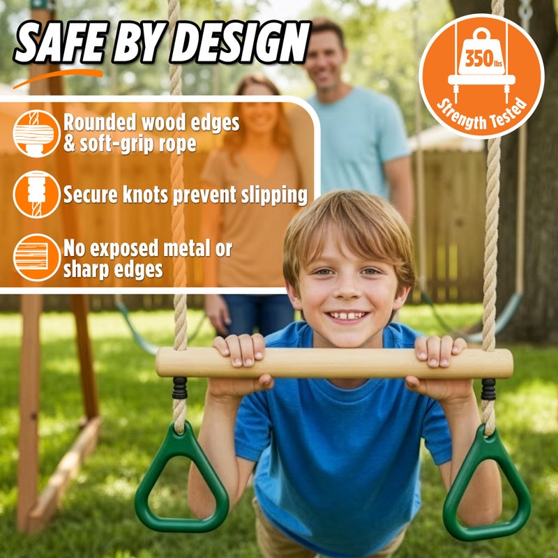 Trailblaze Wooden Trapeze Swing Bar for Kids - 18" Adjustable Height Monkey Bars Rings Swingset Accessories - Ninja Warrior Obstacle Course for Kids - Jungle Gym Accessories Playground Attachments - Image 3